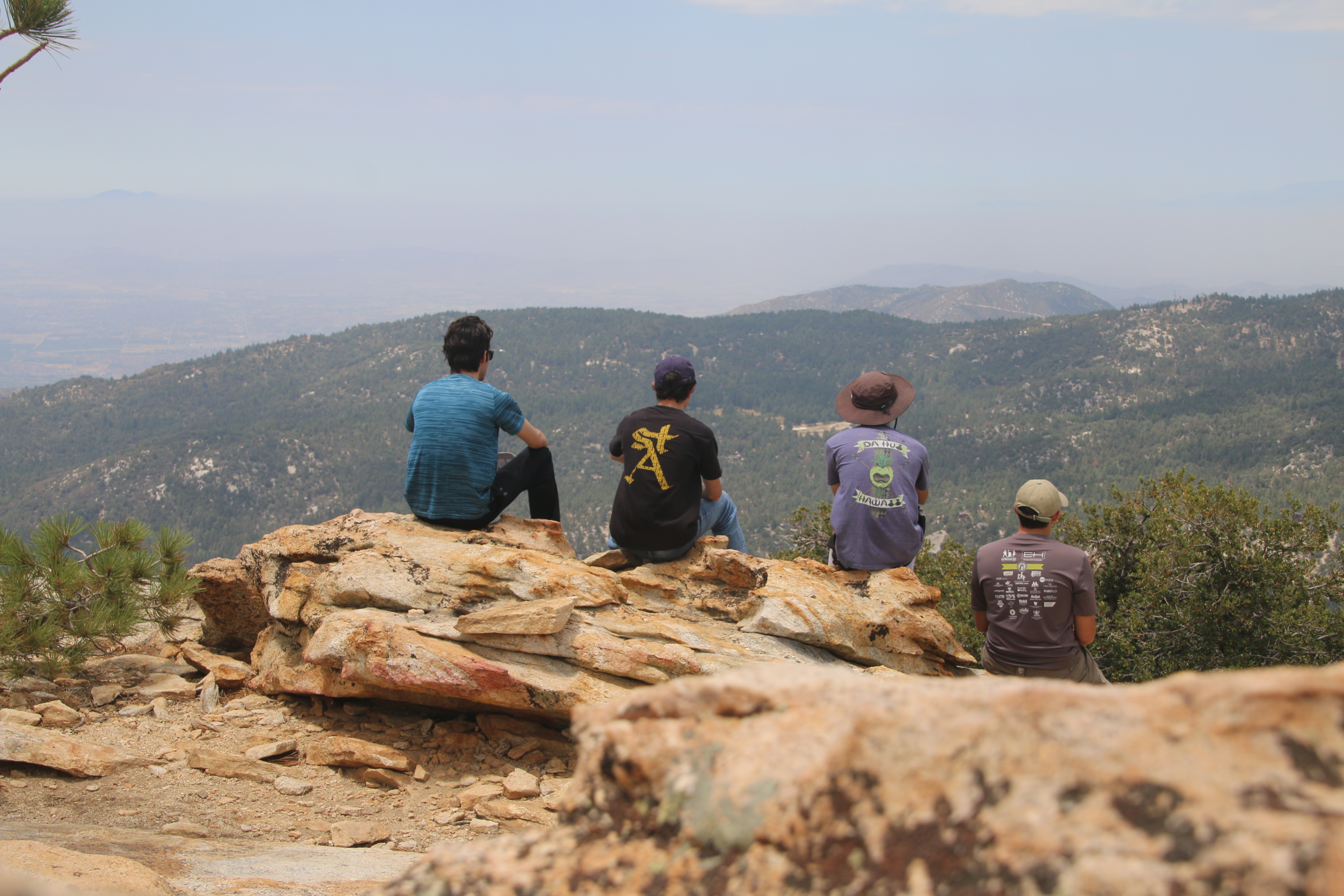 Four friends facing away from the camera on a cliff.